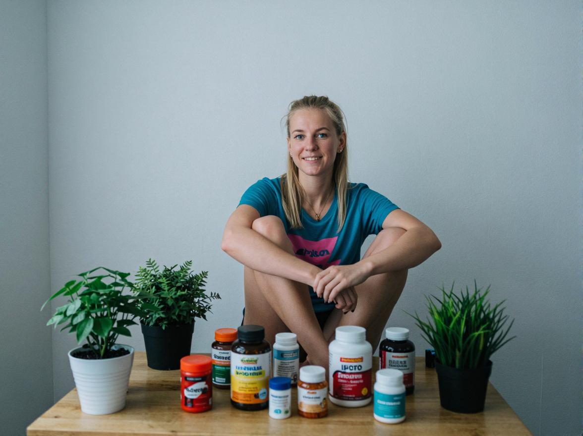 Femeie ce sta in spatele unei mese, iar pe masa sunt asezate diverse vitamine si plante